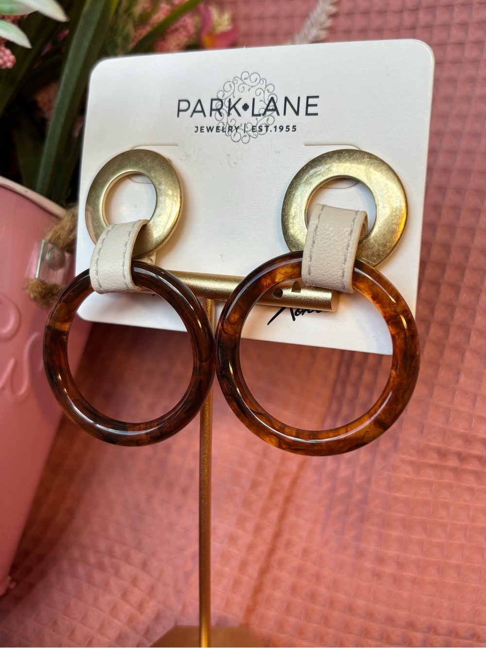Park Lane Fawn Funky Fun Gold, Brown & Cream Hoop Drop Stud Earrings - Picture 3 of 7